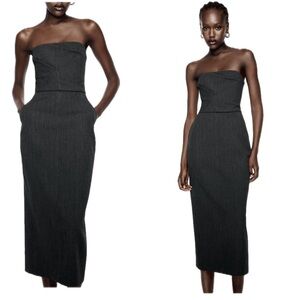 Zara gray strapless midi pencil dress pockets slit Sz S NWT